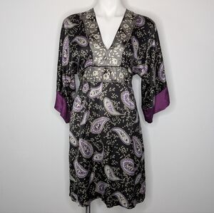 Piko 1988 Black Purple Paisley V Neck Kimono Midi Dress L